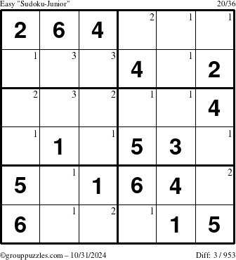 The grouppuzzles.com Easy Sudoku-Junior puzzle for Thursday October 31, 2024 with the first 3 steps marked