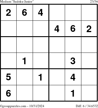 The grouppuzzles.com Medium Sudoku-Junior puzzle for Thursday October 31, 2024