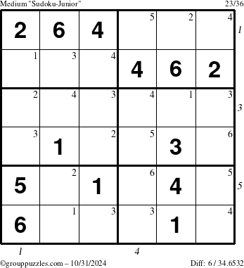 The grouppuzzles.com Medium Sudoku-Junior puzzle for Thursday October 31, 2024 with all 6 steps marked