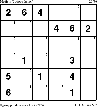 The grouppuzzles.com Medium Sudoku-Junior puzzle for Thursday October 31, 2024 with the first 3 steps marked