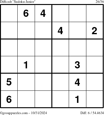 The grouppuzzles.com Difficult Sudoku-Junior puzzle for Thursday October 31, 2024