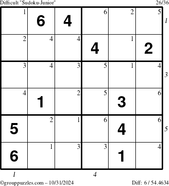 The grouppuzzles.com Difficult Sudoku-Junior puzzle for Thursday October 31, 2024 with all 6 steps marked