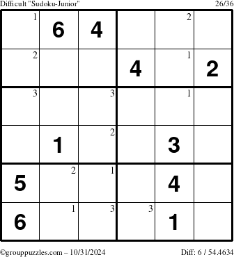 The grouppuzzles.com Difficult Sudoku-Junior puzzle for Thursday October 31, 2024 with the first 3 steps marked