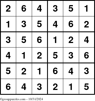 The grouppuzzles.com Answer grid for the Sudoku-Junior puzzle for Thursday October 31, 2024