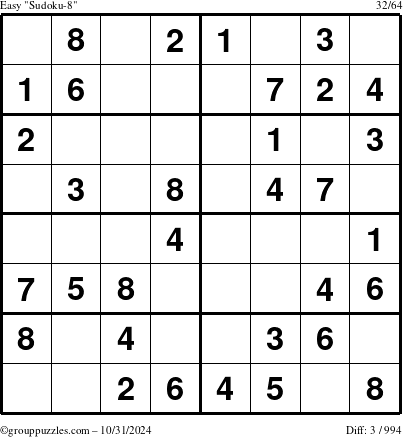 The grouppuzzles.com Easy Sudoku-8 puzzle for Thursday October 31, 2024