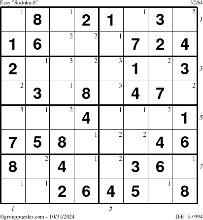 The grouppuzzles.com Easy Sudoku-8 puzzle for Thursday October 31, 2024 with all 3 steps marked