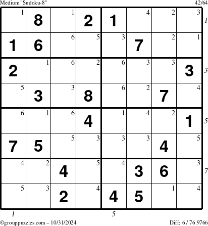 The grouppuzzles.com Medium Sudoku-8 puzzle for Thursday October 31, 2024 with all 6 steps marked