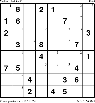 The grouppuzzles.com Medium Sudoku-8 puzzle for Thursday October 31, 2024 with the first 3 steps marked