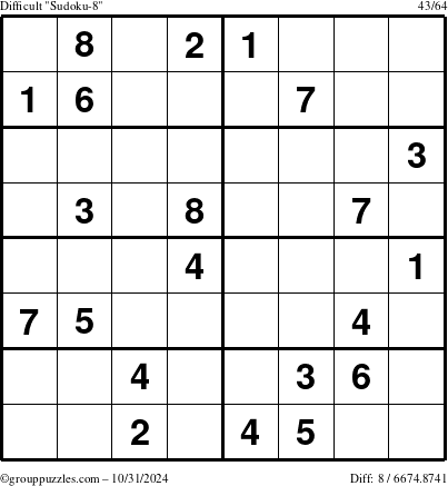 The grouppuzzles.com Difficult Sudoku-8 puzzle for Thursday October 31, 2024