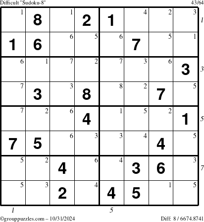 The grouppuzzles.com Difficult Sudoku-8 puzzle for Thursday October 31, 2024 with all 8 steps marked