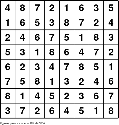 The grouppuzzles.com Answer grid for the Sudoku-8 puzzle for Thursday October 31, 2024