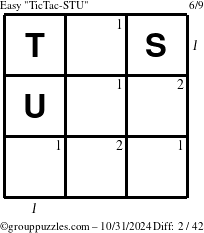 The grouppuzzles.com Easy TicTac-STU puzzle for Thursday October 31, 2024 with all 2 steps marked