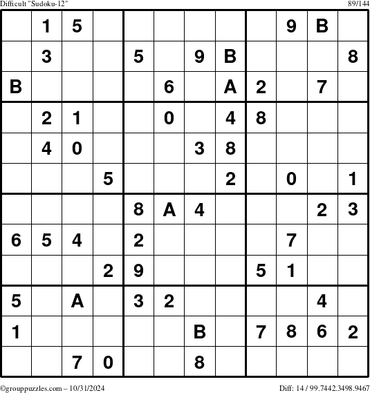 The grouppuzzles.com Difficult Sudoku-12 puzzle for Thursday October 31, 2024