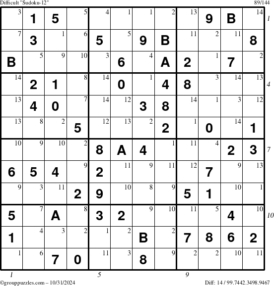 The grouppuzzles.com Difficult Sudoku-12 puzzle for Thursday October 31, 2024, suitable for printing, with all 14 steps marked