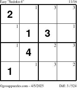 The grouppuzzles.com Easy Sudoku-4 puzzle for Saturday April 5, 2025 with the first 3 steps marked