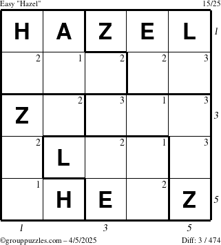 The grouppuzzles.com Easy Hazel puzzle for Saturday April 5, 2025 with all 3 steps marked