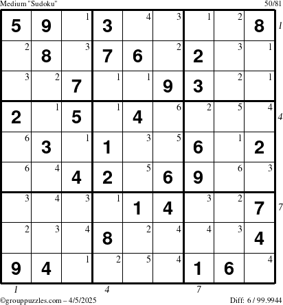 The grouppuzzles.com Medium Sudoku puzzle for Saturday April 5, 2025, suitable for printing, with all 6 steps marked