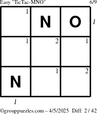 The grouppuzzles.com Easy TicTac-MNO puzzle for Saturday April 5, 2025 with all 2 steps marked