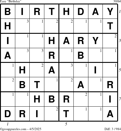 The grouppuzzles.com Easy Birthday puzzle for Saturday April 5, 2025 with all 3 steps marked