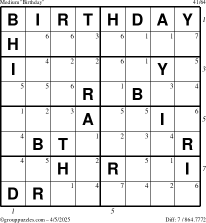 The grouppuzzles.com Medium Birthday puzzle for Saturday April 5, 2025 with all 7 steps marked