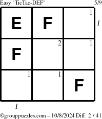 The grouppuzzles.com Easy TicTac-DEF puzzle for Tuesday October 8, 2024 with all 2 steps marked