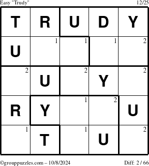 The grouppuzzles.com Easy Trudy puzzle for Tuesday October 8, 2024 with the first 2 steps marked