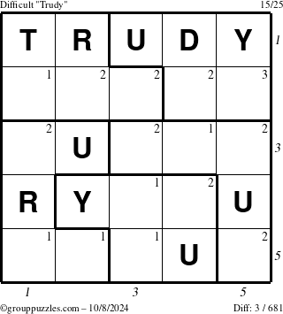 The grouppuzzles.com Difficult Trudy puzzle for Tuesday October 8, 2024 with all 3 steps marked