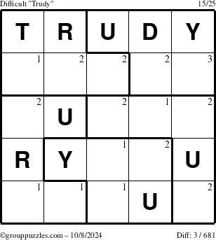 The grouppuzzles.com Difficult Trudy puzzle for Tuesday October 8, 2024 with the first 3 steps marked