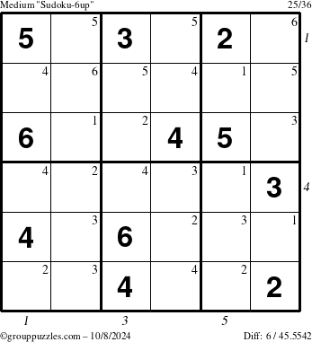 The grouppuzzles.com Medium Sudoku-6up puzzle for Tuesday October 8, 2024 with all 6 steps marked