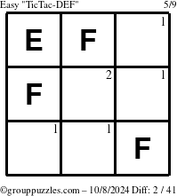 The grouppuzzles.com Easy TicTac-DEF puzzle for Tuesday October 8, 2024 with the first 2 steps marked