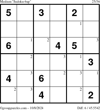 The grouppuzzles.com Medium Sudoku-6up puzzle for Tuesday October 8, 2024 with the first 3 steps marked