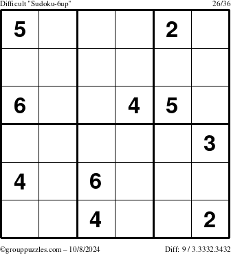 The grouppuzzles.com Difficult Sudoku-6up puzzle for Tuesday October 8, 2024