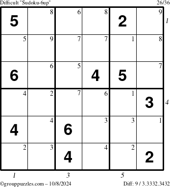 The grouppuzzles.com Difficult Sudoku-6up puzzle for Tuesday October 8, 2024 with all 9 steps marked