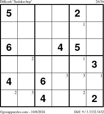 The grouppuzzles.com Difficult Sudoku-6up puzzle for Tuesday October 8, 2024 with the first 3 steps marked