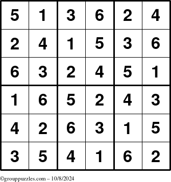 The grouppuzzles.com Answer grid for the Sudoku-6up puzzle for Tuesday October 8, 2024