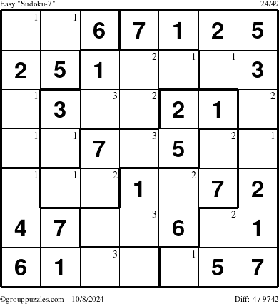 The grouppuzzles.com Easy Sudoku-7 puzzle for Tuesday October 8, 2024 with the first 3 steps marked