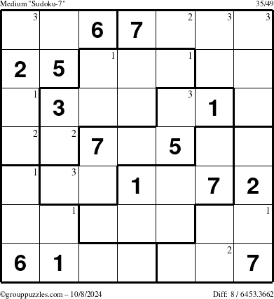 The grouppuzzles.com Medium Sudoku-7 puzzle for Tuesday October 8, 2024 with the first 3 steps marked