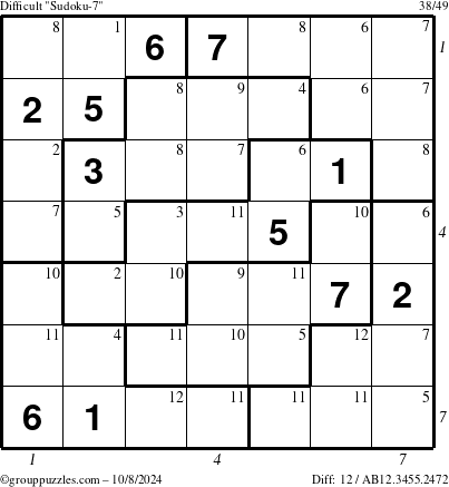 The grouppuzzles.com Difficult Sudoku-7 puzzle for Tuesday October 8, 2024 with all 12 steps marked