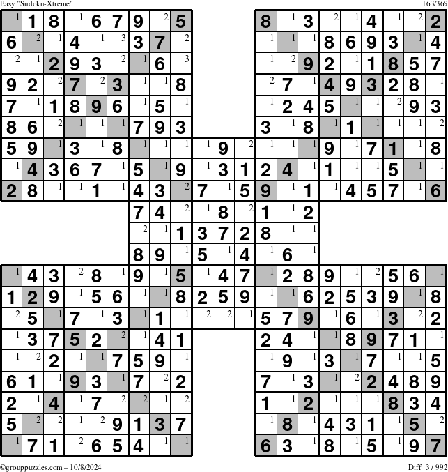 The grouppuzzles.com Easy Sudoku-Xtreme puzzle for Tuesday October 8, 2024 with the first 3 steps marked