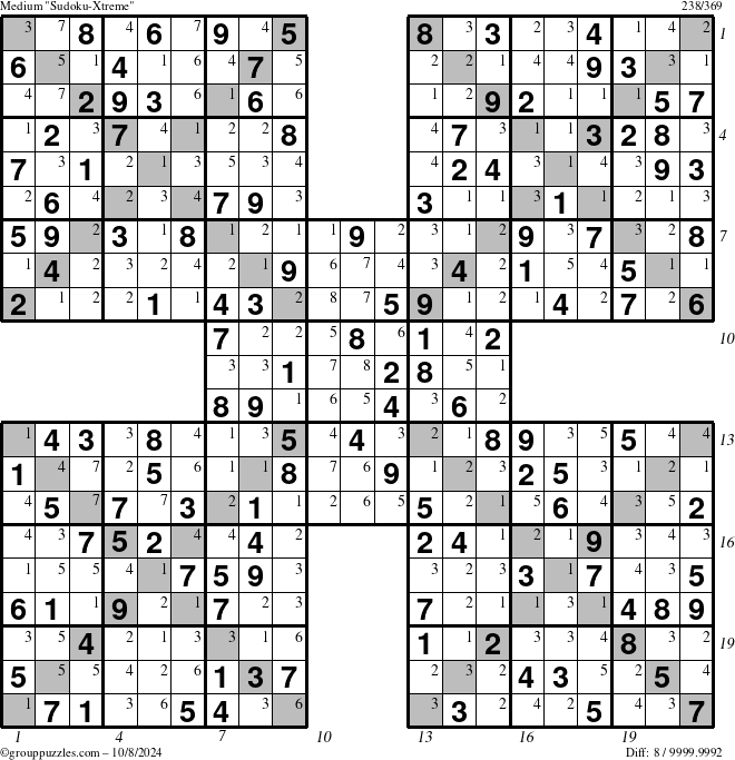 The grouppuzzles.com Medium Sudoku-Xtreme puzzle for Tuesday October 8, 2024, suitable for printing, with all 8 steps marked