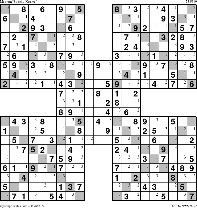 The grouppuzzles.com Medium Sudoku-Xtreme puzzle for Tuesday October 8, 2024 with the first 3 steps marked