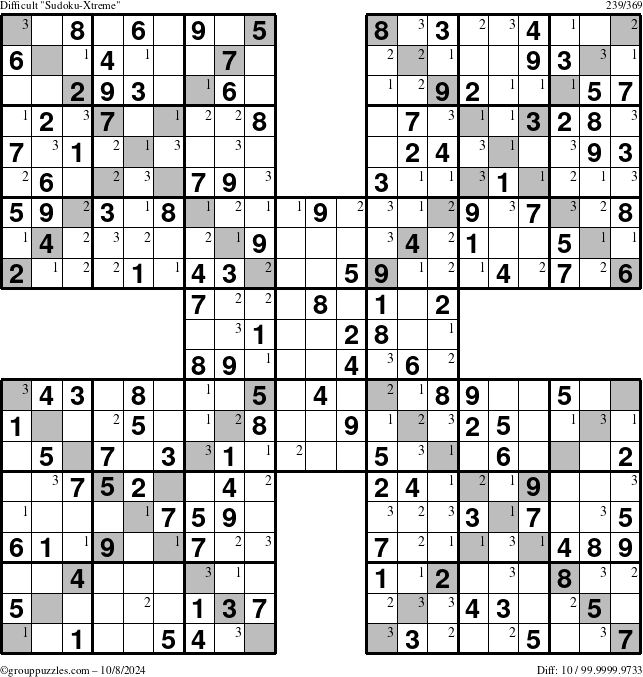 The grouppuzzles.com Difficult Sudoku-Xtreme puzzle for Tuesday October 8, 2024 with the first 3 steps marked