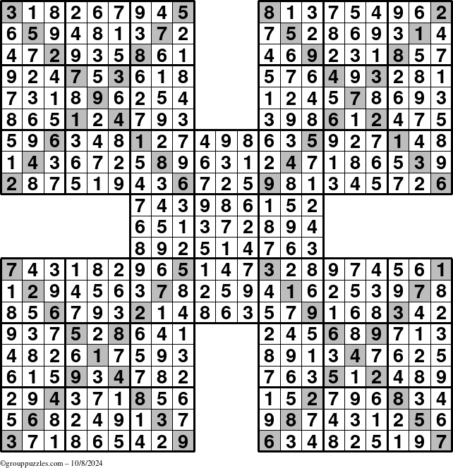 The grouppuzzles.com Answer grid for the Sudoku-Xtreme puzzle for Tuesday October 8, 2024