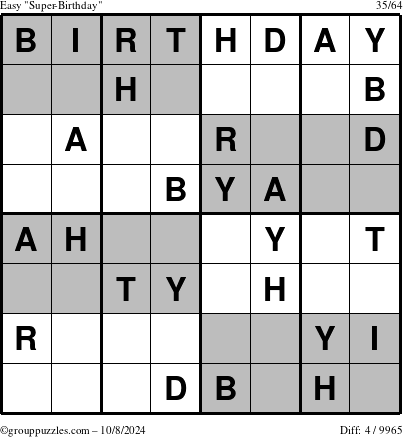 The grouppuzzles.com Easy Super-Birthday puzzle for Tuesday October 8, 2024