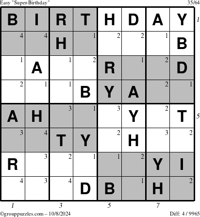 The grouppuzzles.com Easy Super-Birthday puzzle for Tuesday October 8, 2024 with all 4 steps marked