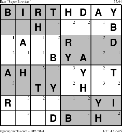 The grouppuzzles.com Easy Super-Birthday puzzle for Tuesday October 8, 2024 with the first 3 steps marked