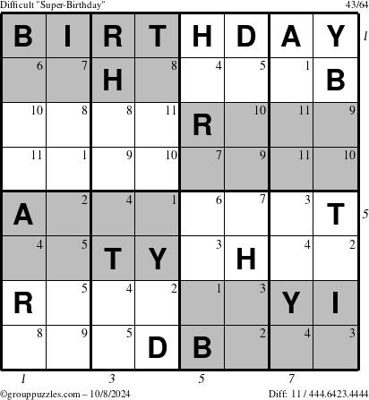 The grouppuzzles.com Difficult Super-Birthday puzzle for Tuesday October 8, 2024 with all 11 steps marked