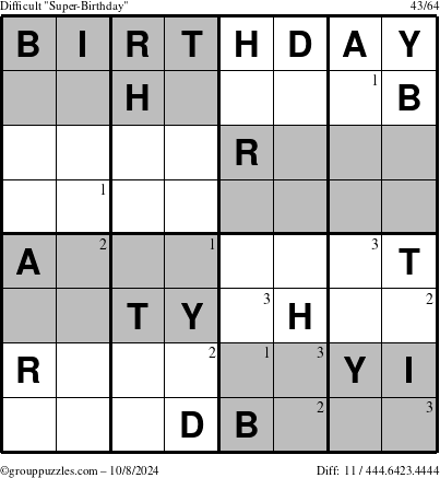 The grouppuzzles.com Difficult Super-Birthday puzzle for Tuesday October 8, 2024 with the first 3 steps marked