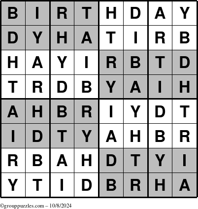 The grouppuzzles.com Answer grid for the Super-Birthday puzzle for Tuesday October 8, 2024