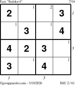 The grouppuzzles.com Easy Sudoku-4 puzzle for Tuesday March 10, 2026, suitable for printing, with all 2 steps marked